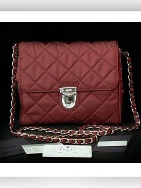 Prada Impuntu Tessuto Quilted Nylon Chain Crossbody Bag Granato w/Dust Bag Cards